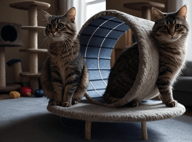 A worried-looking cat backing away from the cat wheel while another image shows gradual success