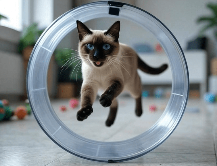  A confident, fit-looking cat joyfully using a cat wheel on its own, symbolizing success.
