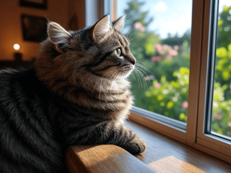 Cat sitting at a window, looking outside with curiosity.