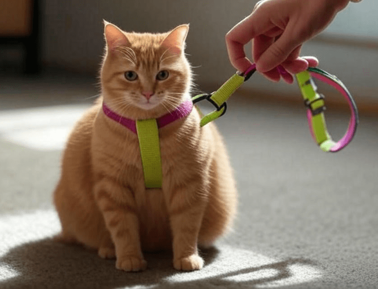  A person gently putting a harness on a relaxed cat indoors.
