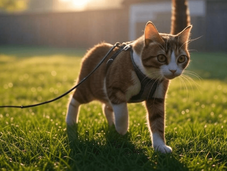 Cat exploring a backyard on a leash for the first time.
