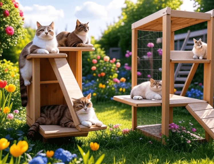 A stylish catio with cats lounging and playing inside.

