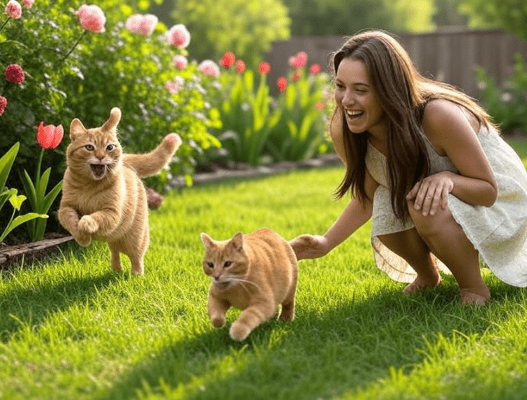 A person calling a cat and the cat responding in a garden.
