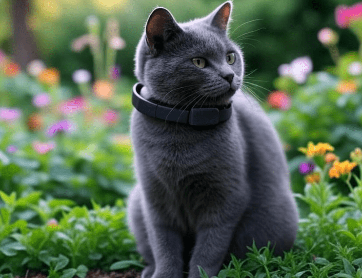 Close-up of a lightweight GPS collar on a cat’s neck.
