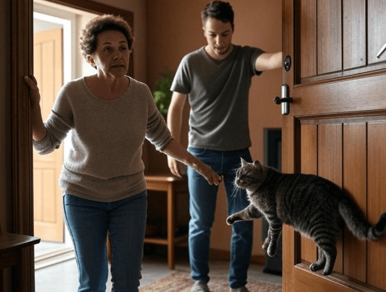 A person keeping a door closed while another secures the cat in a separate room.
