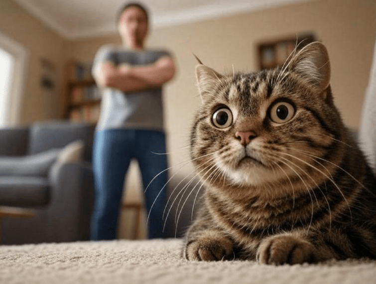 A nervous cat hiding under a sofa while a person in the background looks frustrated—visually illustrating the fear-based response to punishment
