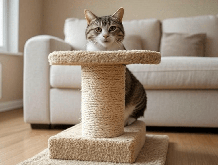 A cat happily scratching a sisal scratching post next to a sofa, showing a clear behavioral redirection
