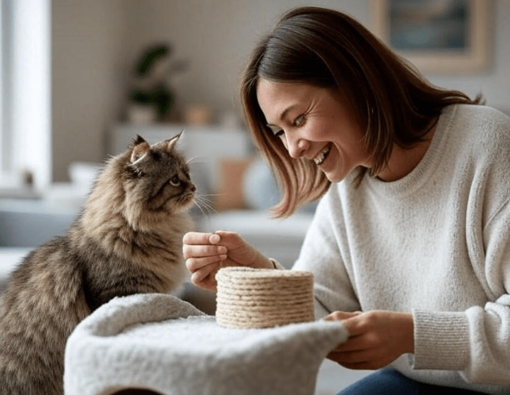  A person giving a treat to a cat that just used a scratching post, capturing the reward moment
