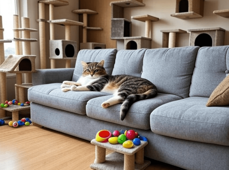A cat room setup with scratching posts, wall shelves, toys, and a window perch to show a rich environment
