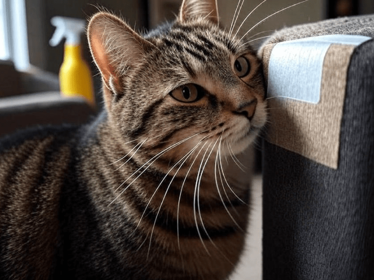Close-up of double-sided tape on furniture, citrus spray, and a curious cat backing away
