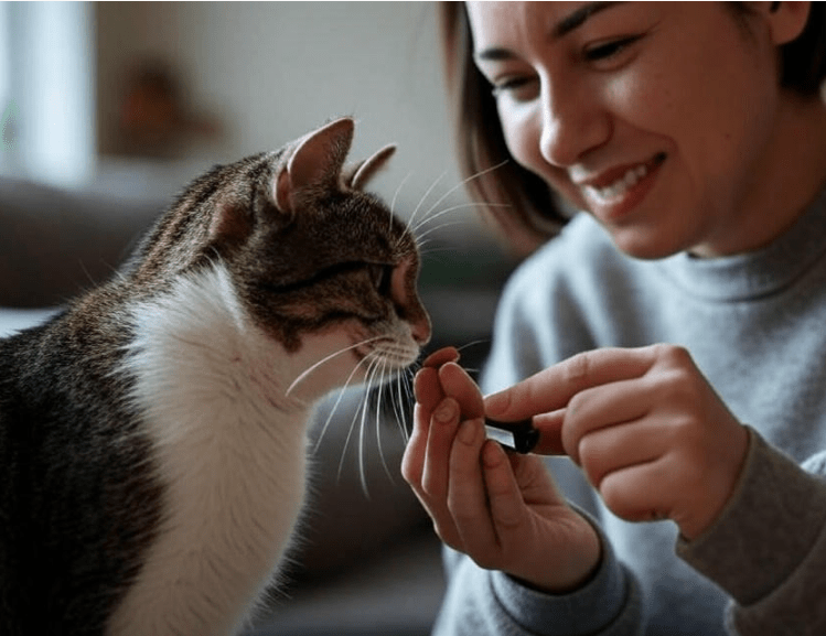A person using a clicker to train a curious cat, with a treat in hand
