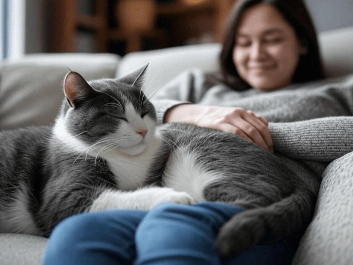 A cat and its owner cuddling together in a relaxed home setting, symbolizing mutual respect and trust
