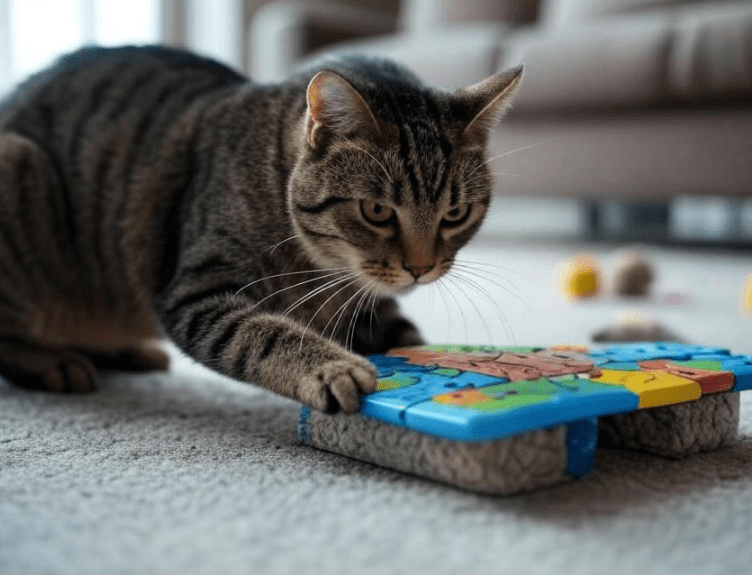 A curious cat interacting with a puzzle feeder or sniffing toys during an indoor play session.
