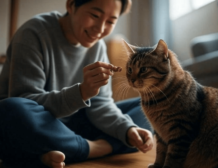 A person sitting on the floor in front of a calm cat, holding a treat in hand.
