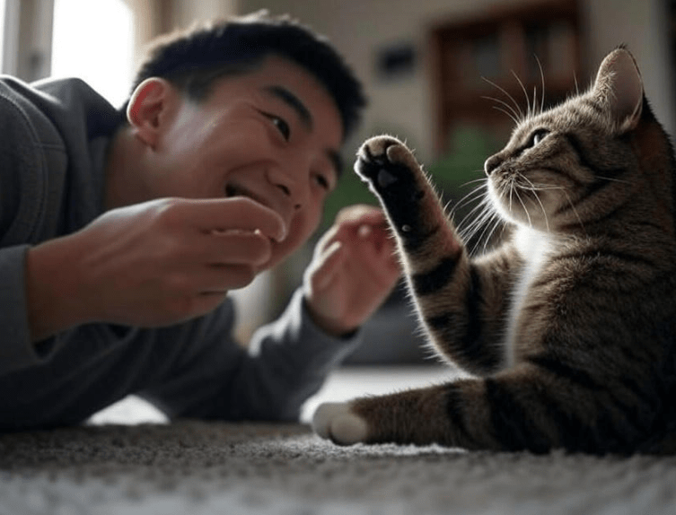A mid-training scene with a cat touching a person’s hand with its paw