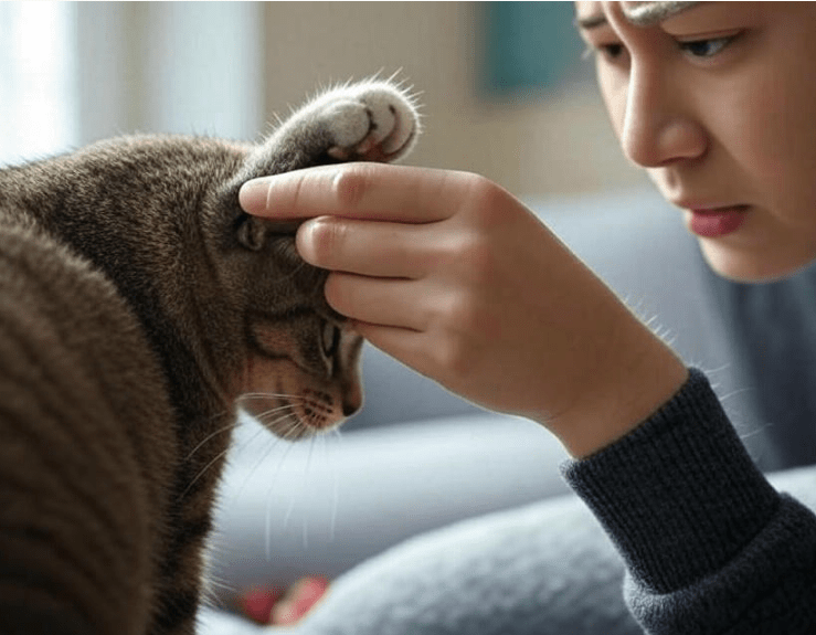 A human reaching to grab a cat's paw while the cat pulls back, looking uneasy.
