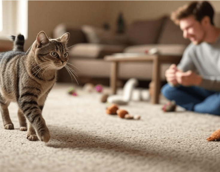 A cat walking away mid-session while the owner looks amused.