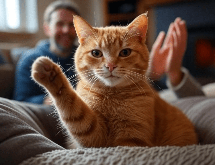 A proud cat sitting with its paw raised, as if showing off, while the owner claps.

