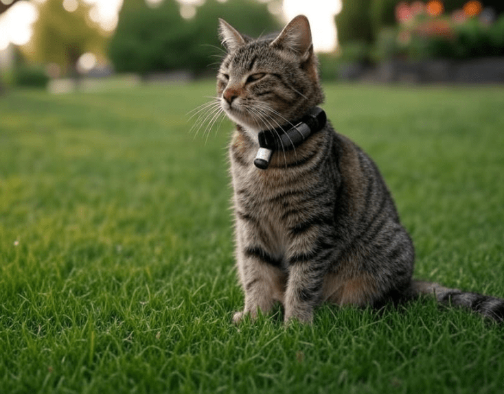 A cat wearing a collar with a small GPS device, sitting outdoors safely
