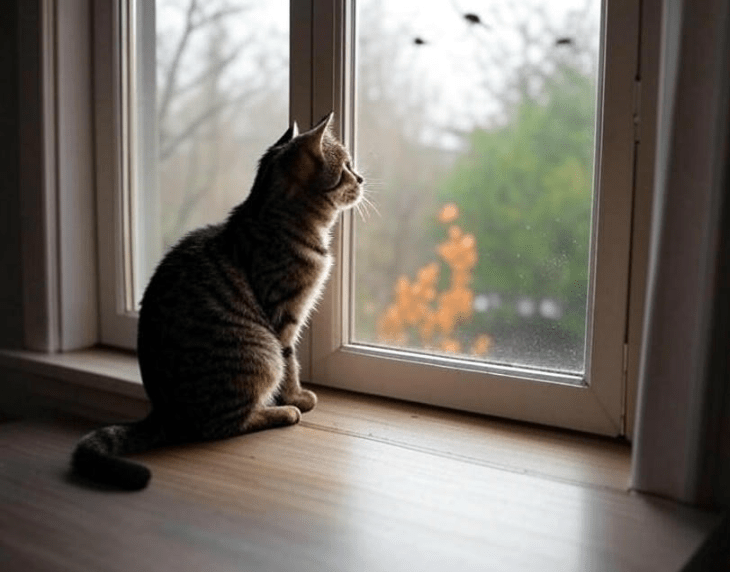  A curious cat staring out the window at birds or trees, showing longing
