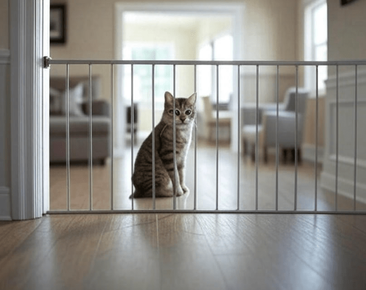 A home entrance with a baby gate and a cat sitting a few feet away from the door
