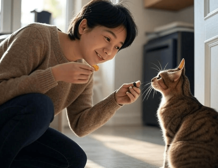 A person holding a treat or clicker while training a cat near the door
