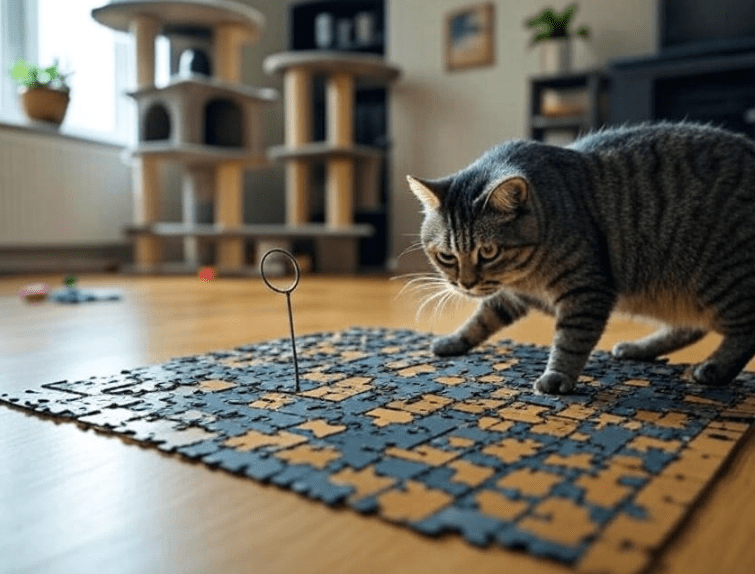 A playful indoor scene with cat trees, puzzle feeders, and a window perch
