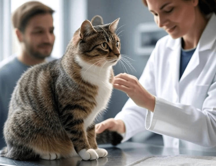 A cat in a veterinary clinic being comforted by its owner or vet
