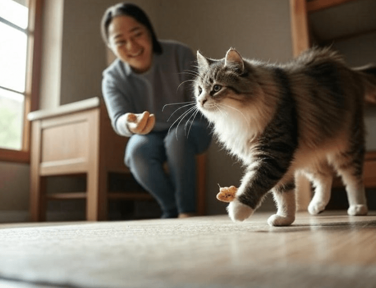 A cat coming when called, owner holding a treat with a happy expression
