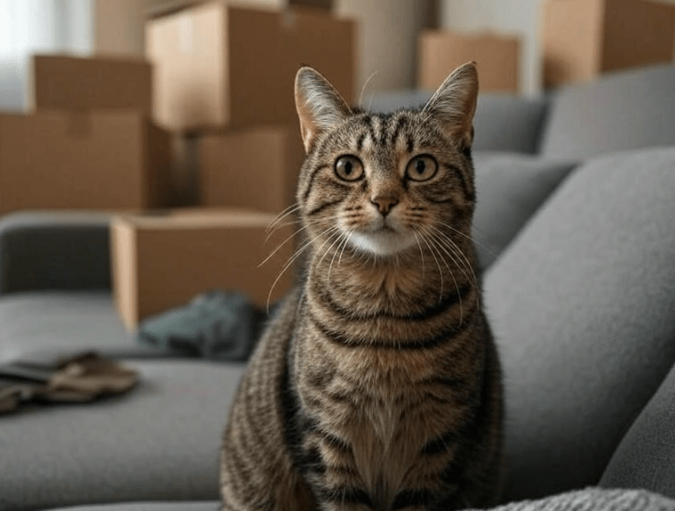 A confused or alert cat in a room with signs of environmental change