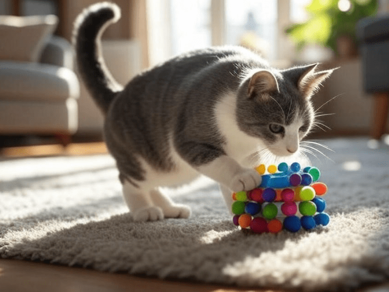 A cat playing with an interactive toy or using a food puzzle
