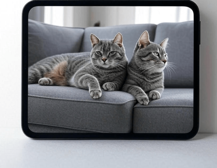 A tablet or phone screen showing a live feed of a home with a cat walking around
