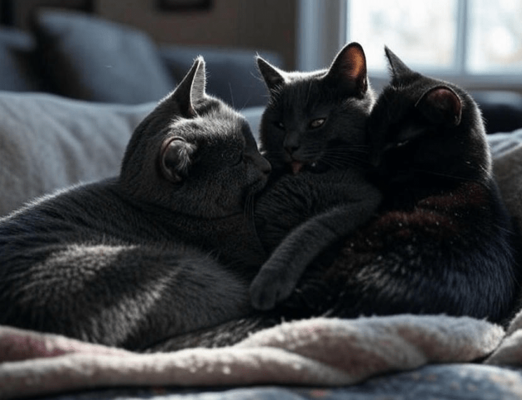 Cats peacefully resting or grooming each other
