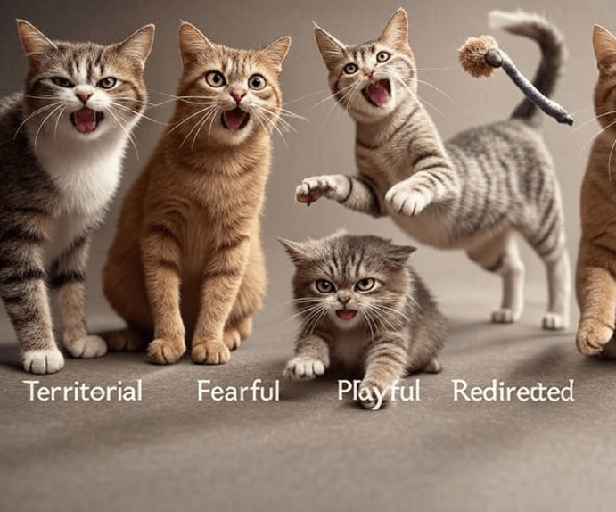 An infographic showing five types: territorial, fear-based, play, redirected, and pain-induced aggression
