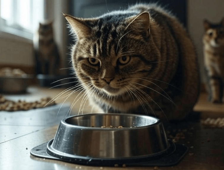 One cat guarding its resources from another
