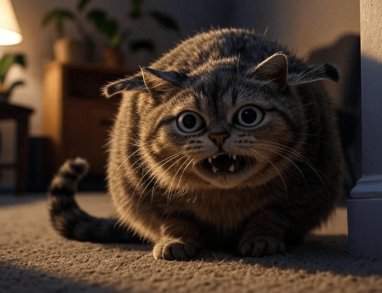 A frightened cat in a defensive stance
