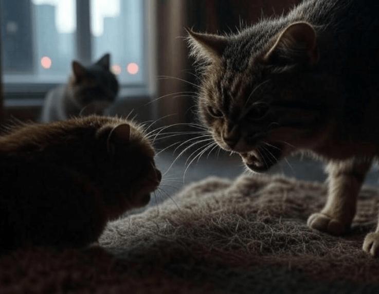 A cat reacting aggressively to a window cat while attacking its housemate