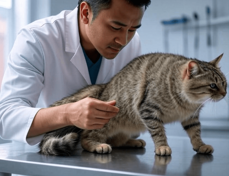A cat swatting when touched on a sore spot at the vet
