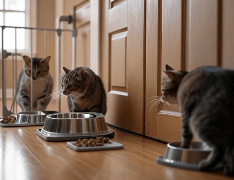 Two cats eating calmly on opposite sides of a door
