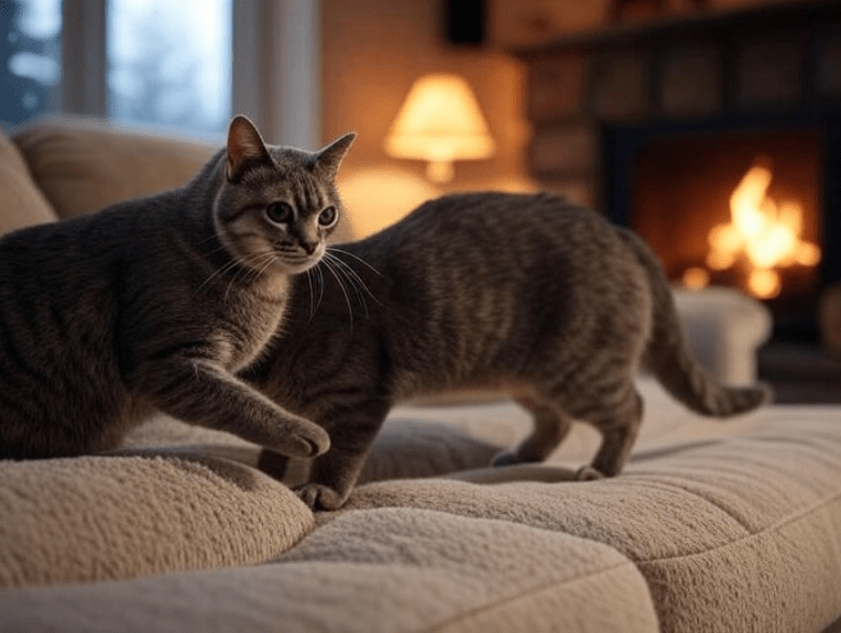 An elderly cat moving slowly or struggling to climb onto a sofa

