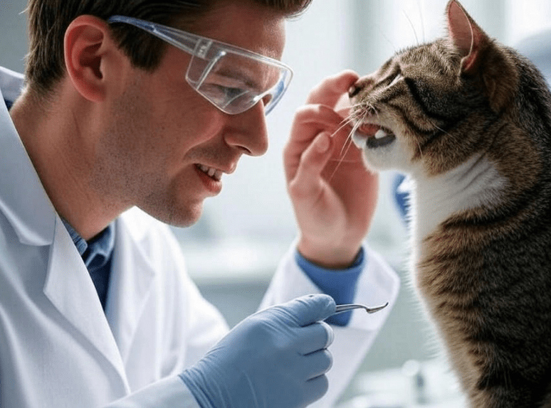 A vet examining a cat’s open mouth, showing concern or gentle care
