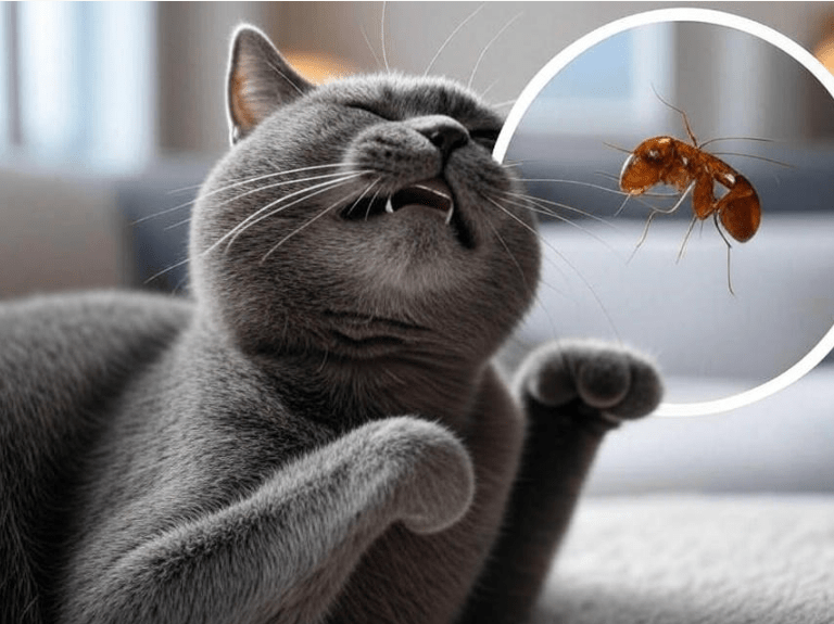 A cat scratching itself with visible signs of discomfort, magnified inset showing a flea
