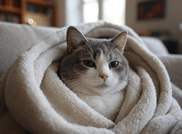 A sick-looking Domestic Shorthair cat sneezing or looking lethargic, wrapped in a soft blanket
