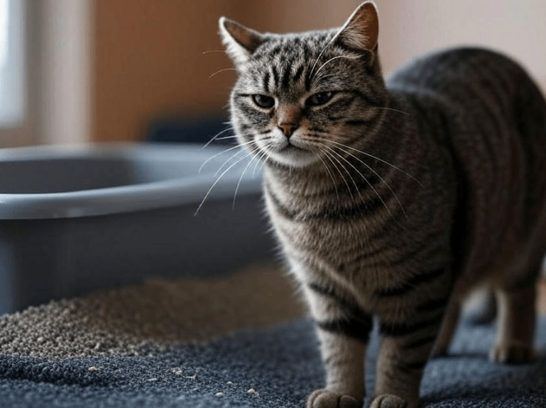 A cat hesitating or straining to use the litter box, looking uncomfortable
