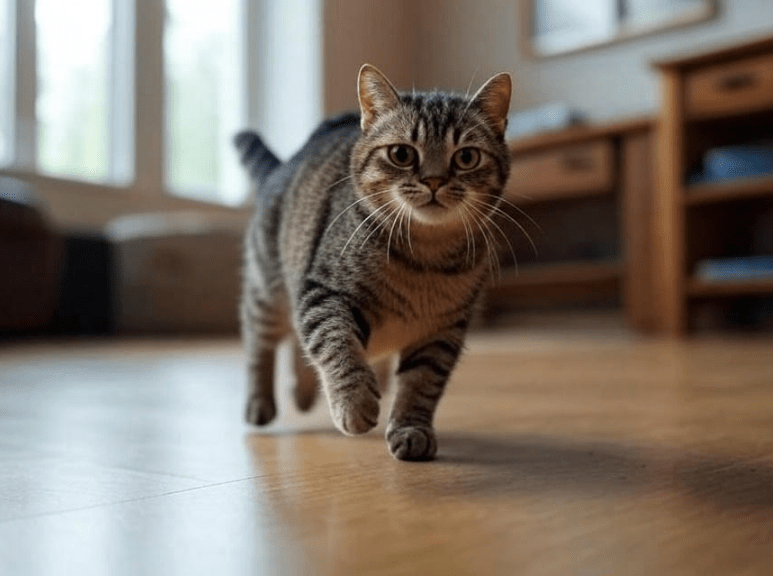 A hyperactive, thin cat jumping or pacing restlessly indoors
