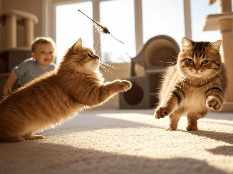 A Domestic Shorthair cat playing with a feather wand while a curious child watches nearby. The room has playful cat items like tunnels and scratch posts.
