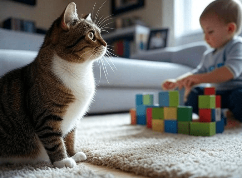 A curious Domestic Shorthair cat watching a child from a short distance. The child is calm and reading or playing quietly, showing mutual observation.

