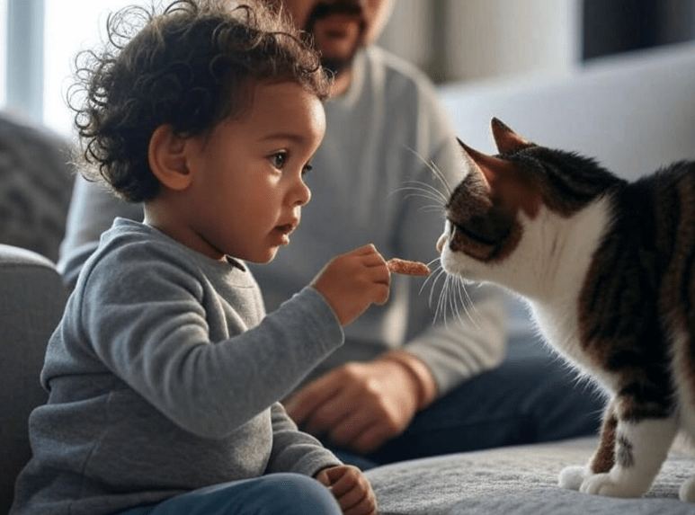 A child gently offering a toy or treat to a Domestic Shorthair cat, under adult supervision. The cat is slightly cautious but engaged.
