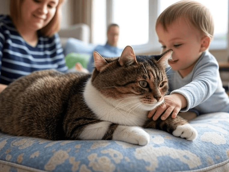 A child gently petting a Domestic Shorthair cat under supervision. The cat is lying calmly while the child touches it gently on the back.
