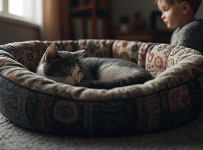 A Domestic Shorthair cat resting alone in a quiet corner with a child sitting a few feet away, respectfully watching without approaching.

